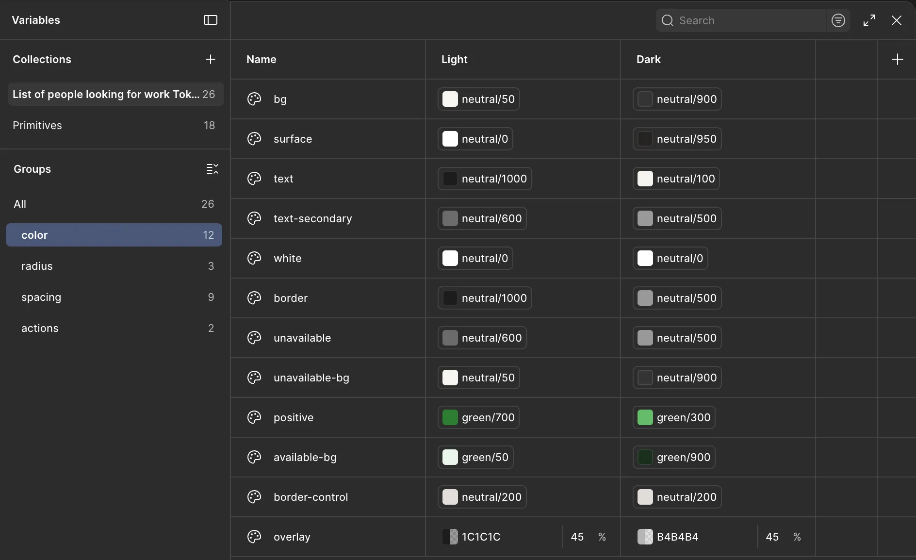 Light mode and Dark Mode tokens