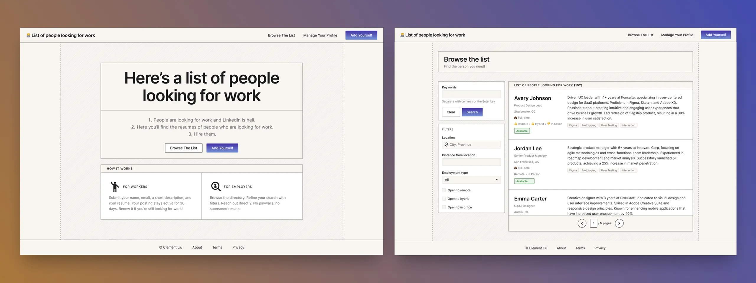 List Of People Looking For Work interface, placeholder